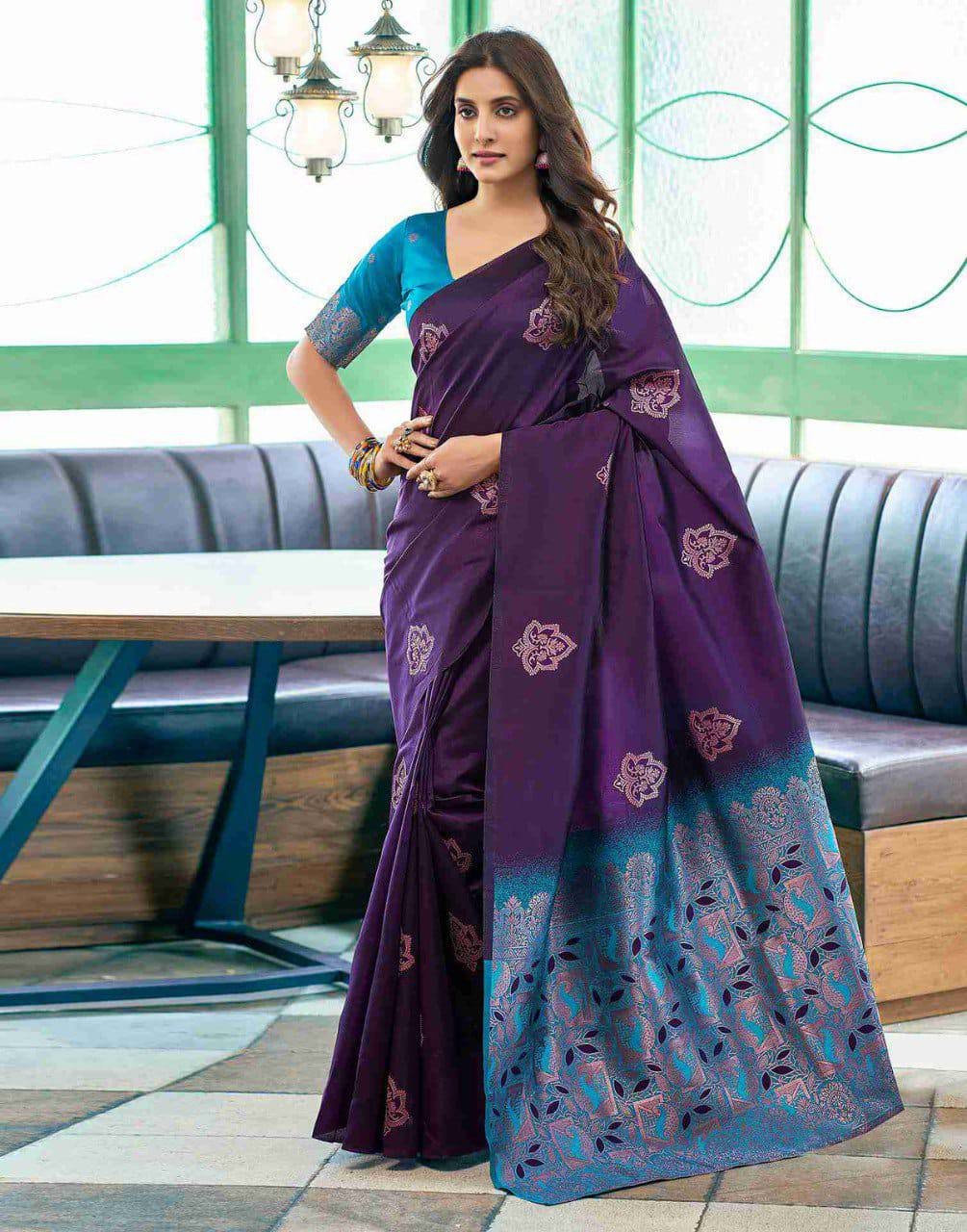 SOFT LICHI SILK PURPLE SAREE - View 1 of 5