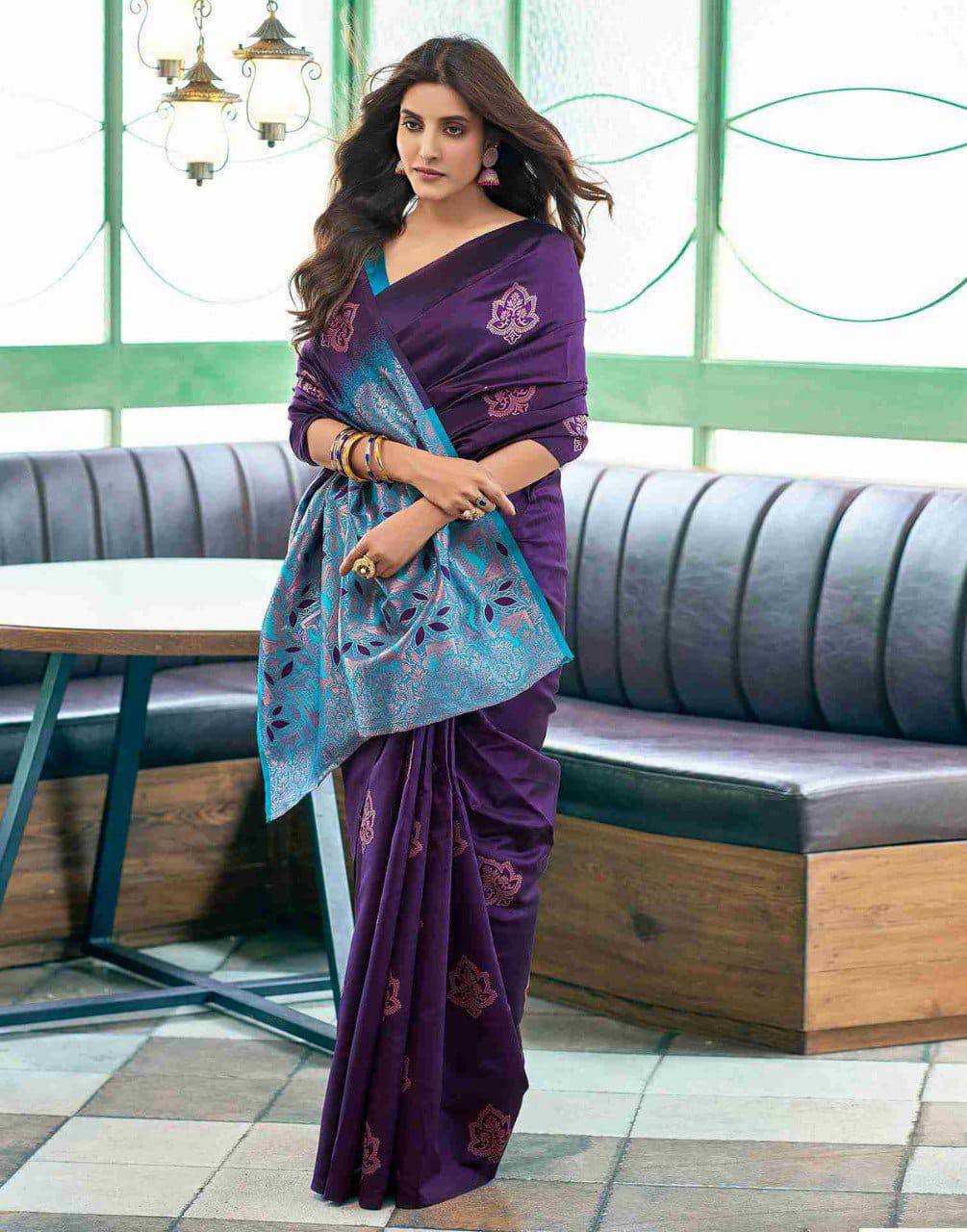 SOFT LICHI SILK PURPLE SAREE - View 2 of 5
