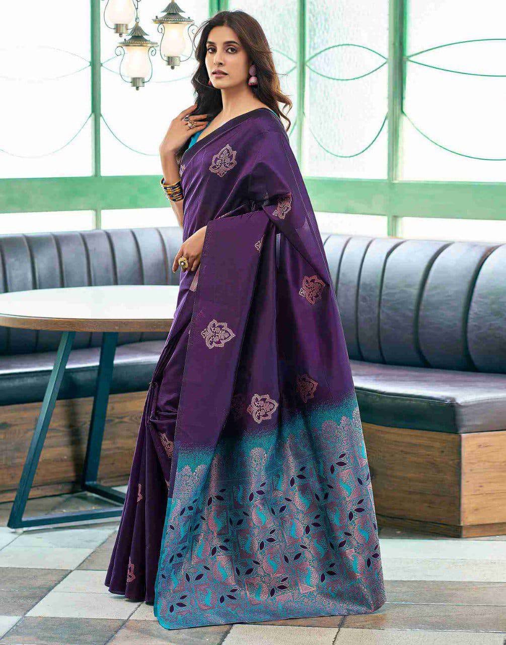 SOFT LICHI SILK PURPLE SAREE - View 4 of 5