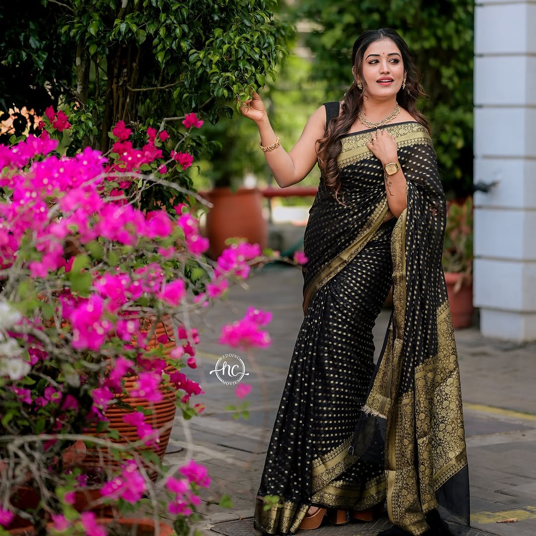 SOFT LICHI SILK BLACK SAREE - View 4 of 5